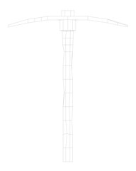 A low poly wireframe cross composed of intersecting lines, resembling a pickaxe tool. This black and white drawing on a white background creates an intricate and unique geometric design.