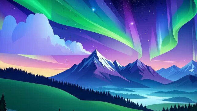 Majestic mountain peaks illuminated by vivid green, purple aurora borealis against starry night sky. Tranquil landscape, coniferous trees.