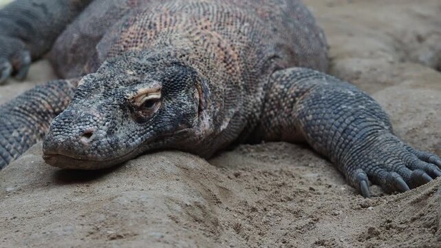 Monitor lizard lies motionless on rocks