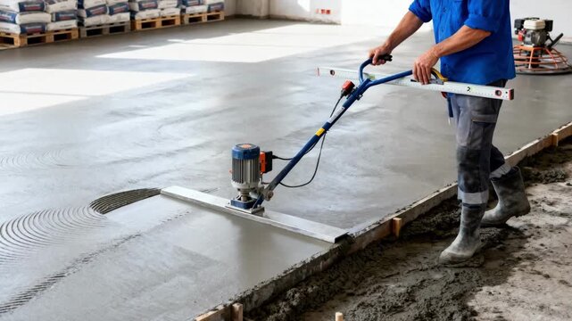Medium shot of a mason aligning a vibrating screed tool while checking surface flatness during concrete floor installation