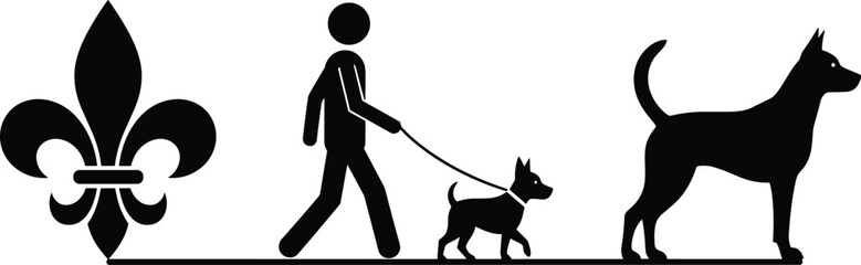Silhouette of person walking with two dogs and fleur-de-lis symbol on white background, minimalist vector for pet lovers