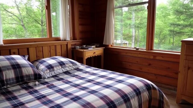 A cozy bedroom with a plaid bed set and a view of a lush green forest through the window