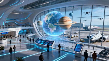 Futuristic space airport terminal with holographic Earth and planets above travelers