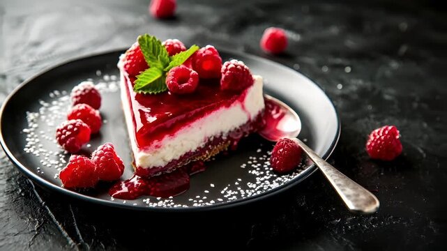 A closeup shot of a dessert plate with a slice of cheesecake and raspberries. The cheesecake has a red berry sauce and is topped with a mint leaf. The plate is black with white speckles.