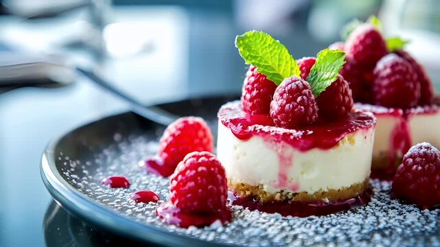 A closeup shot of a dessert plate with a dessert topped with raspberries and cream. The dessert appears to be a cheesecake with a red berry compote and mint leaf garnish.