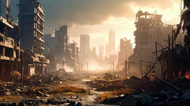 Post-apocalyptic cityscape with damaged buildings, rubble strewn ground, and distant structures under a smoky, overcast sky at sunset.