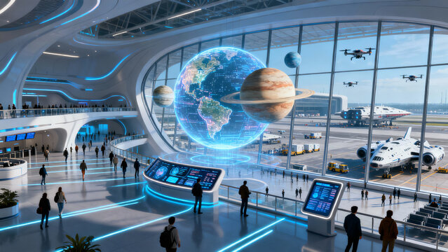 Futuristic space airport terminal with holographic Earth and planets above travelers - Powered by Adobe