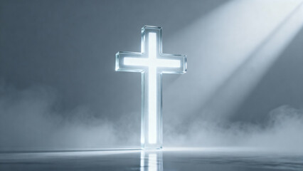 Naklejka premium Glowing glass cross on a smoky background with dramatic lighting copy space