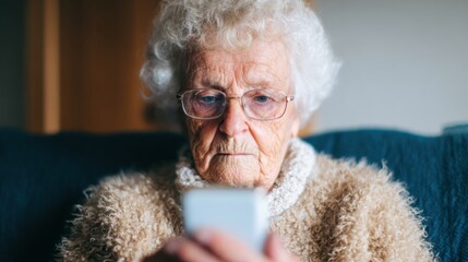 Elderly woman using smartphone while sitting on a couch indoors