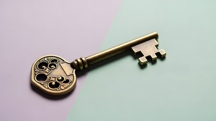 Single vintage key on a pastel background, symbolic storytelling.