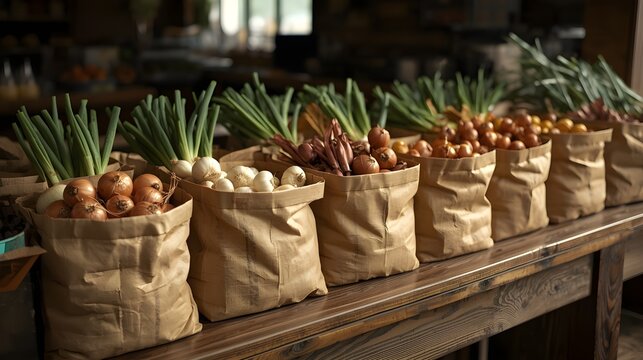 Fresh Produce in Paper Bags A Rustic Display of Onions and Scallions