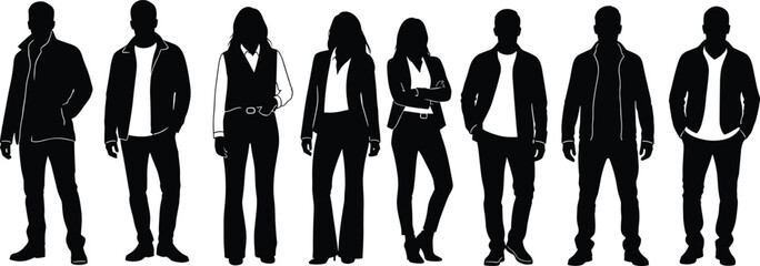 Silhouettes of diverse men and women standing in modern casual and business outfits, isolated on white background for design, illustration, and creative projects