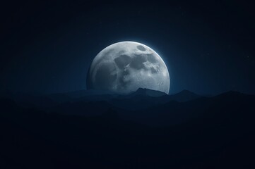 A luminous full moon emerges from behind a dark silhouetted mountain peak under a deep night sky