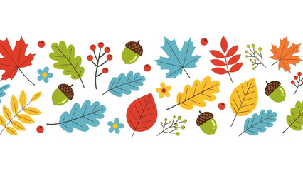 Autumn leaf seamless pattern border illustration, featuring colorful foliage, acorns, and berries in a charming, whimsical style, perfect for seasonal decorations