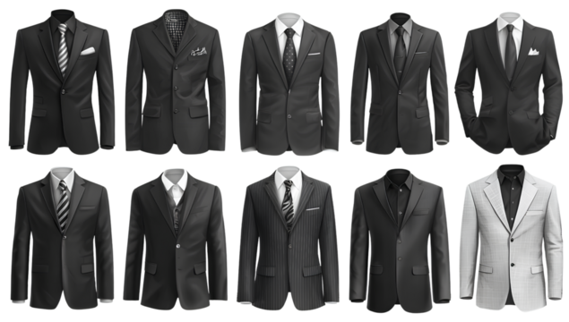 Set of suit jacket variations with shirts and ties formal menswear fashion style collection diverse design mockup