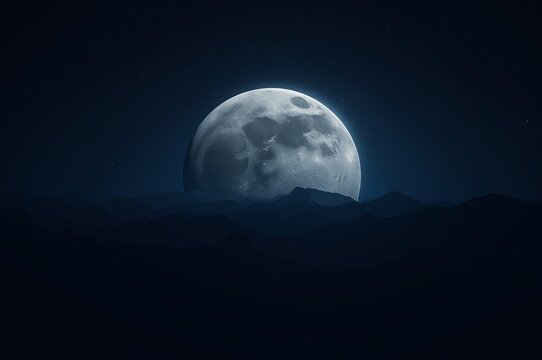 A luminous full moon emerges from behind a dark silhouetted mountain peak under a deep night sky