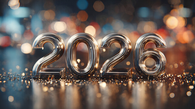 Shiny metallic numbers of 2026 sparkle amidst festive bokeh lights, symbolizing the upcoming year.