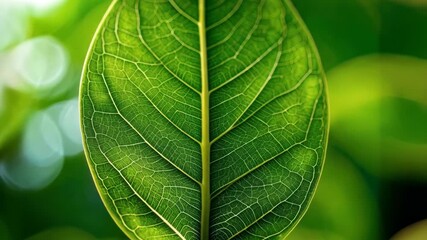 Closeup of a vibrant green leaf with detailed veins against a soft, blurred background. Macro photography emphasizing nature's detail. - Powered by Adobe