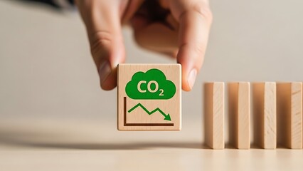 Reducing carbon emissions a hand places a wooden block symbolizing co2 reduction and environmental sustainability in a row of blocks