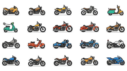 Naklejka premium A diverse collection of pixel art motorcycle and scooter icons. Vector illustration set of two-wheeled transport vehicles in a retro 8-bit style
