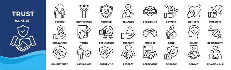 Trust icon set collection. an icon pack contain loyalty,honesty,reliance,credibility,integrity,confidence,depend