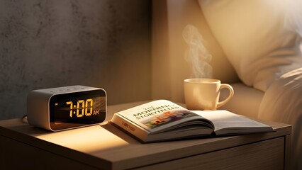 Minimalist alarm clock on a bedside table, morning storytelling.