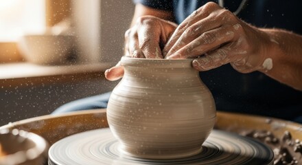 Close-up of a person's hands skillfully shaping a clay pot on a spinning potter's wheel in a workshop, demonstrating the art of ceramics.