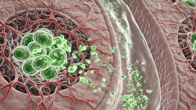 Endocrine and exocrine regions side by side, contrasting textures and functions, beta cells release glowing hormone particles into nearby capillaries, while enzyme-rich fluid flows in parallel ducts