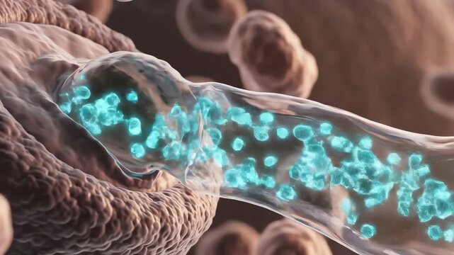 Insulin-containing vesicles merging with cell membranes in a clean, glowing insulin particles float into the bloodstream as surrounding cells pulse gently