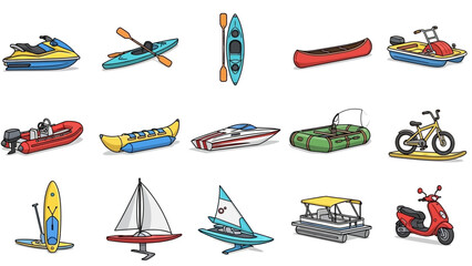 A vibrant collection of illustrated water sports equipment and recreational vehicles for summer vacation activities