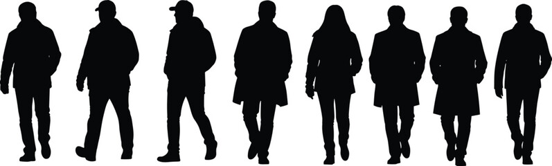 Silhouettes of diverse people walking in a row, isolated on white background, urban crowd concept, modern lifestyle movement illustration