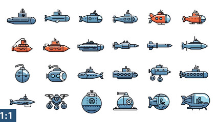 A comprehensive vector icon set featuring various submarines, submersibles, and torpedoes, designed in a colorful outline style for naval and underwater themes