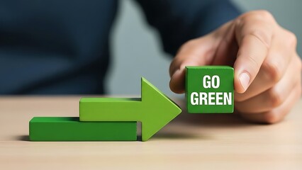 Sustainable business strategy man building a green arrow with go green block promoting environmental responsibility and eco friendly practices for a better future