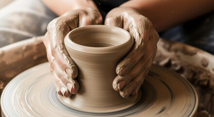 Close-up of a person's hands skillfully shaping a clay pot on a spinning potter's wheel, demonstrating the art of pottery.