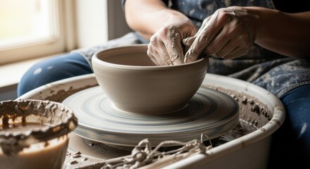 A person's hands shaping a clay bowl on a pottery wheel in a workshop.