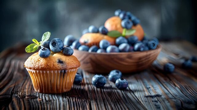 blueberry muffins with fresh blueberries and mint leaves on wooden surfaceblueberries and muffins closeup with shallow depth of field, emphasizing the texture and color of the fruits.