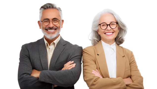 Smiling senior business partners looking at camera with arms crossed against transparent background