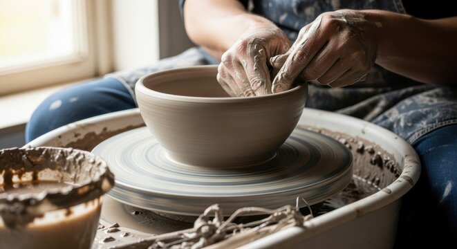 A person's hands shaping a clay bowl on a pottery wheel in a workshop.