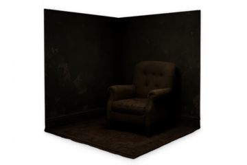 Old vintage armchair in a dark, eerie room corner, isolated on transparent background