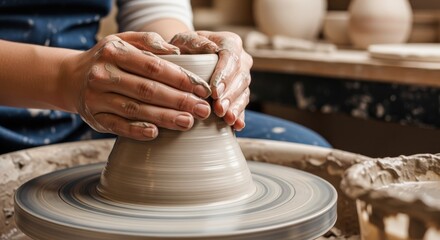 A close-up shot of a person's hands shaping wet clay on a spinning potter's wheel, creating a ceramic pot.