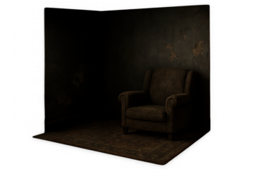 Room corner with vintage armchair and rug, isolated on transparent background.
