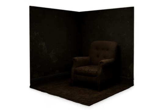 Old vintage armchair in a dark, eerie room corner, isolated on transparent background