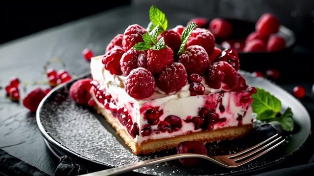 A closeup of a dessert with raspberries and cream on a dark surface. The dessert appears to be a layered cake with a layer of white cream and red berries on top.