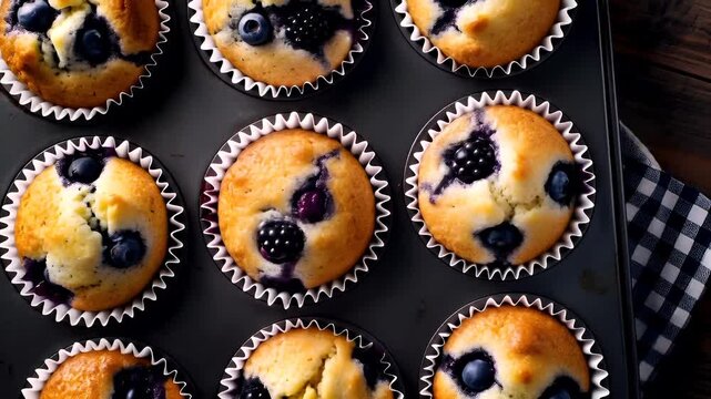 muffins with blueberries in a muffin tin on a wooden surface with a checkered cloth underneath.