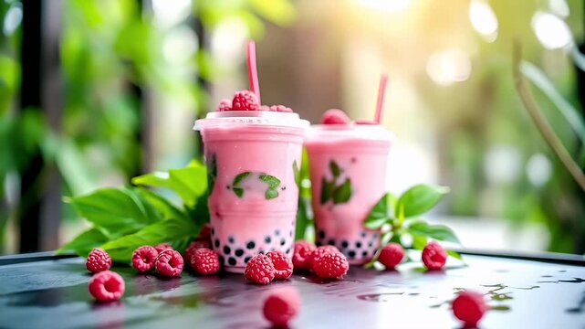 A closeup shot of a glass of pink boba with a straw, surrounded by fresh raspberries and green leaves. The boba has a light pink hue and is garnished with a sprig of mint.