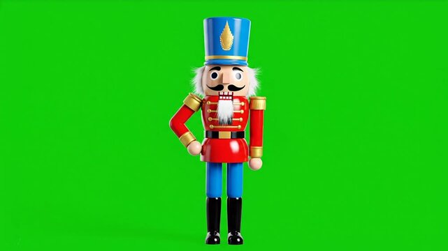 Animated nutcracker soldier illustration in red and yellow uniform holding axe with festive holiday