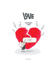 Vector cartoon sketch of Angel  angel seals the cracks in the heart with.Concept of assistance, care, philanthropy and support. Giving and sharing love, donating.Self-Love, Mental Health and positive.