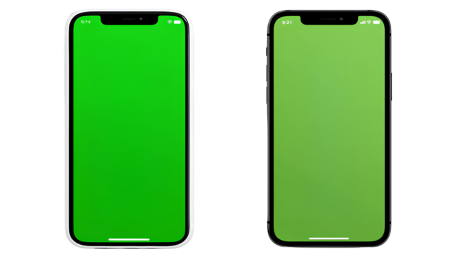 Two Cellphones Mockup with Green Screen Isolated on Transparent Background for App Presentation at Studio Shot