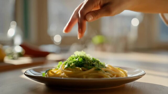 Fresh green basil sprinkled over steaming pasta with cream sauce in natural sunlight