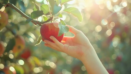 A hand reaches out to touch a ripe red apple against a backdrop of a sunlit garden.